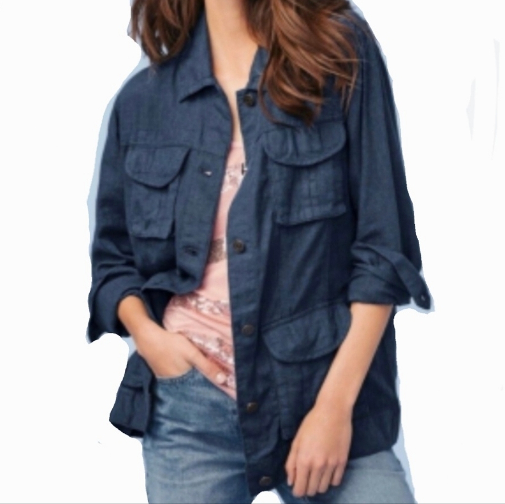 Next Navy Linen Utility Cargo Jacket Size 12
